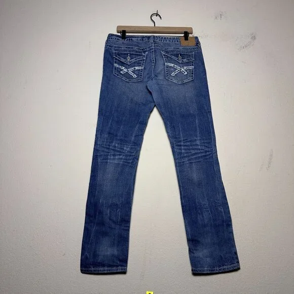 Y2K Amethyst Denim Jean Pant Women 11 Low Rise Slim Straight Fit Punk Distressed - Picture 2 of 15